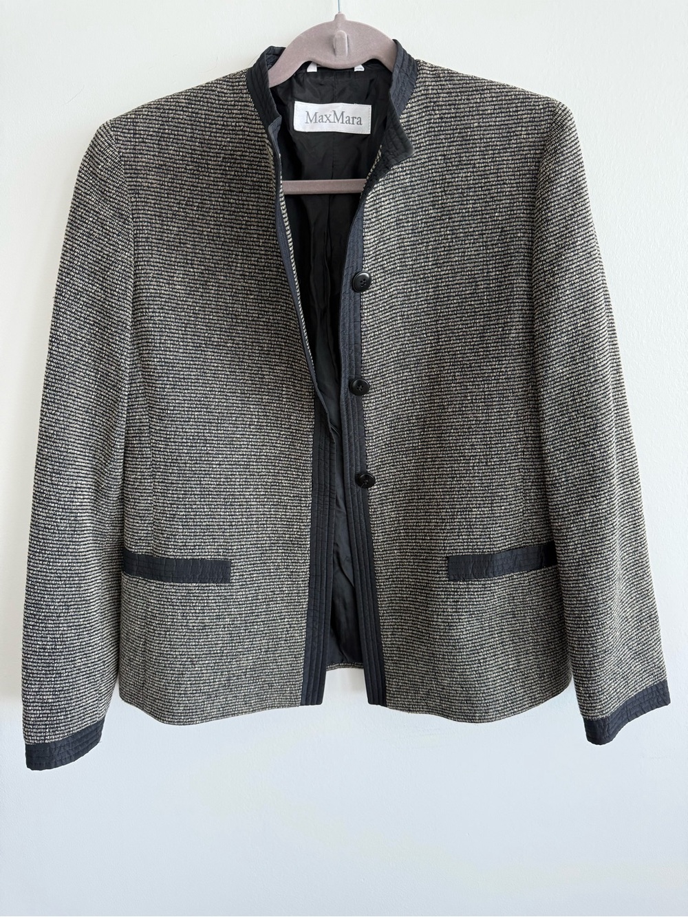 MaxMara Black & Gray Collarless Textured Jacket